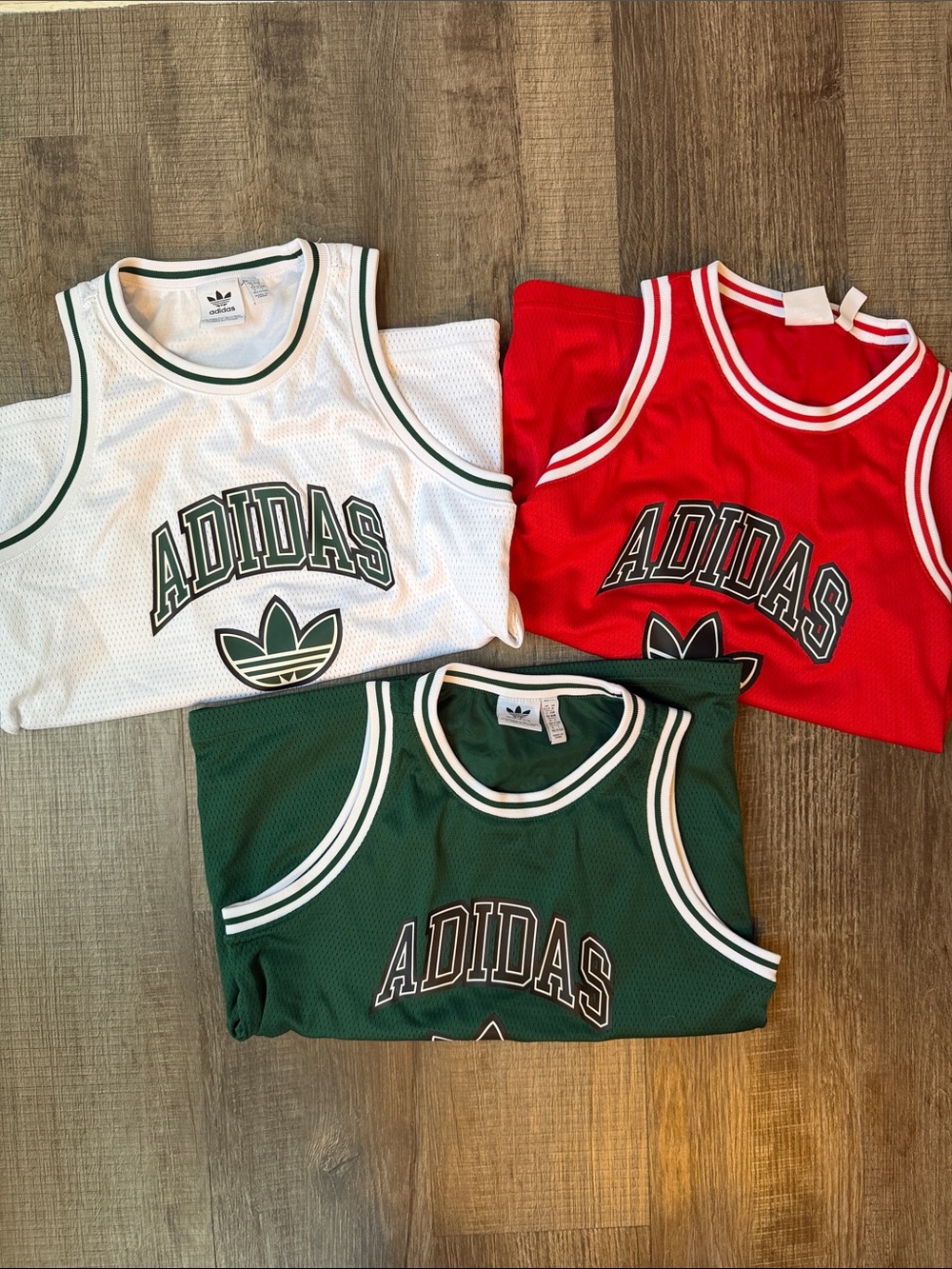 set of 3 adidas Kids Sleeveless Mesh Jerseys in White, Red, Green